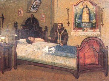 Padre Carlo in un ex-voto del santuario benedice un'ammalato